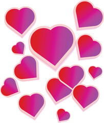 Many pink and red hearts are floating on a white background