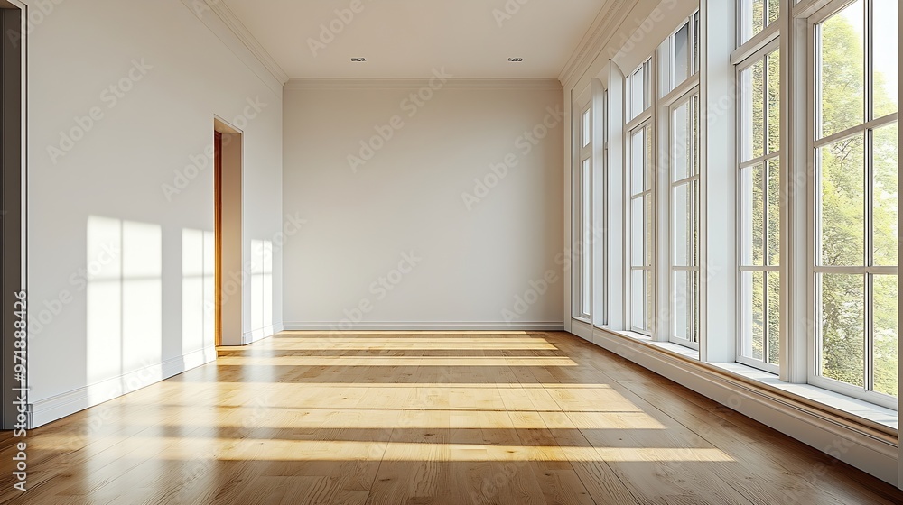 Poster an empty room with wooden floors and white walls there is a large window in the wall to the right : Generative AI