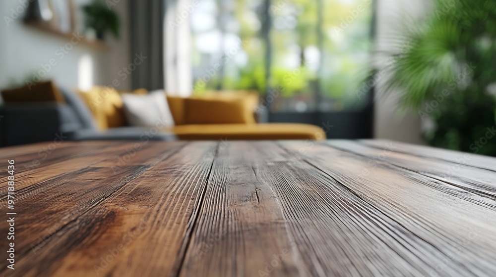 Aufkleber empty brown and rustic wooden table with a defocused living room background : generative ai
