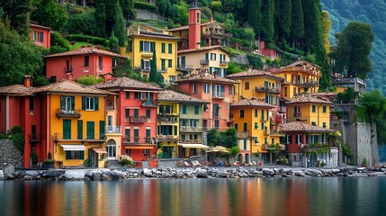 Obraz premium Varenna Italy Picturesque town at lake Como Colourful motley Mediterranean houses at stone beach coastline among green trees Popular health resort and touristic location Summer day lan : Generative AI