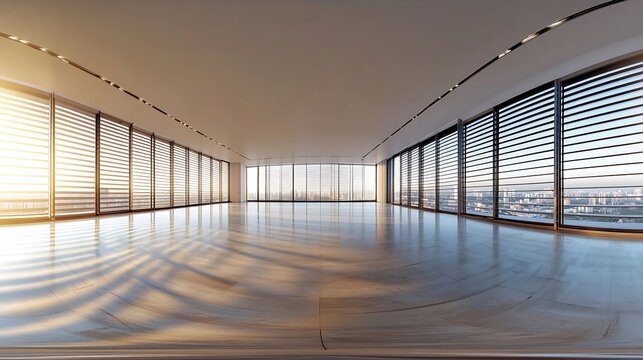 Empty room with with blinds on panoramic windows full seamless spherical hdri panorama 360 in interior large room for conference or assembly hall in equirectangular projection : Generative AI