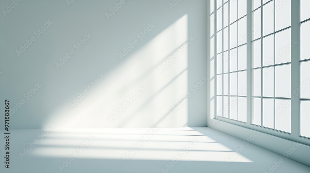 Poster empty white corner abstract studio background for product presentation 3d room with shadows of windo
