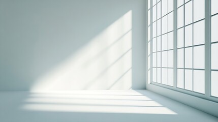 Obraz premium Empty white corner Abstract studio background for product presentation 3d room with shadows of window Minimalistic space concept with blurred backdrop : Generative AI