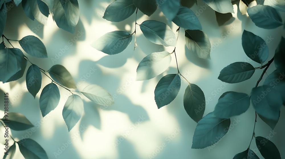 Poster Soft sunlight filters through tree leaves casting gentle shadows and creating an abstract pattern on a white background : Generative AI