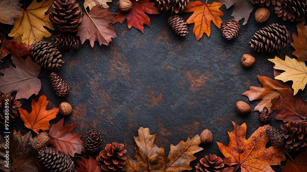 Poster Colorful fall leaves nuts and pine cones Corner border over a rustic dark banner background Overhead view with copy space : Generative AI