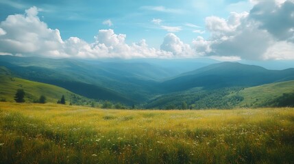 Nature Mountains and clouds in the valley Natural landscape high in the mountains Mountain field in the clouds Landscape in the summertime : Generative AI