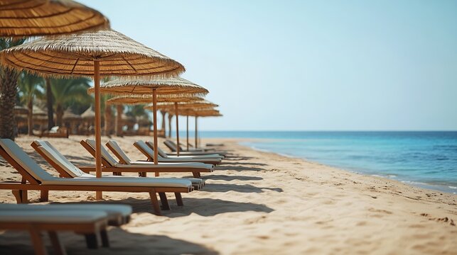 Luxury sand beach with beach chairs and white straw umbrellas in tropical resort in Red Sea coast in Sharm El Sheikh Egypt Africa Empty beaches during quarantine : Generative AI