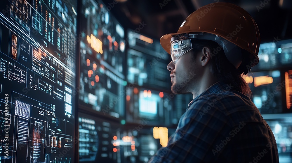 Poster electrician engineering and man with data overlay in a control room for maintenance technician perso