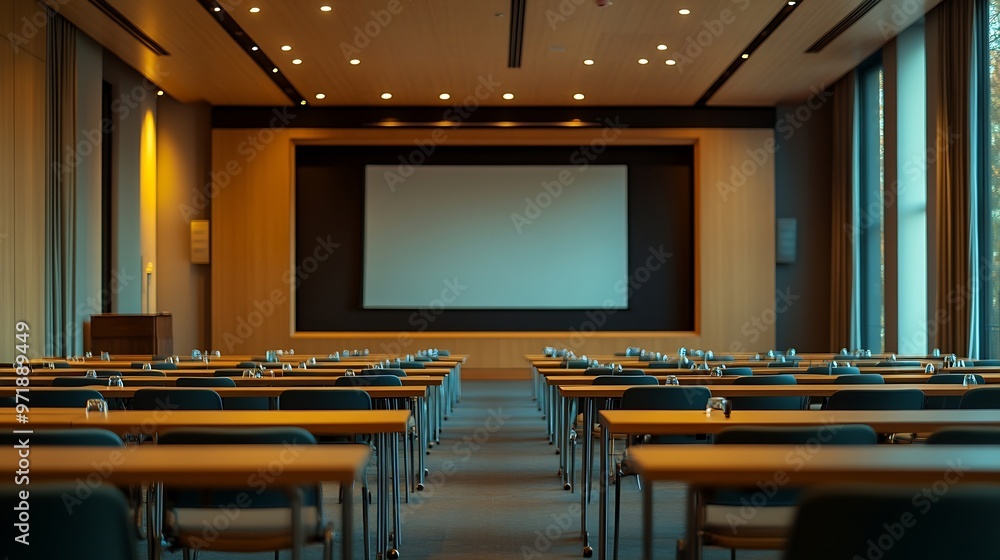 Poster empty conference room with projection screen wooden table and many chairs : generative ai