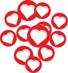 Group of red hearts are floating on a white background, representing social media likes