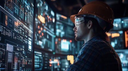 Electrician engineering and man with data overlay in a control room for maintenance Technician person with ai technology for power check problem solving and digital future or 3d inspec : Generative AI