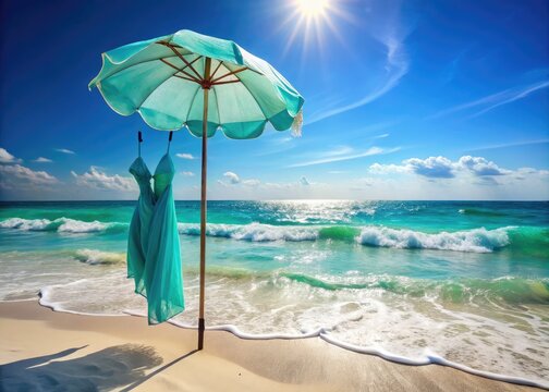 Glistening turquoise waves crash against sun-kissed shores as a translucent swimsuit hangs from a beach umbrella, hinting at a sultry summer escape.
