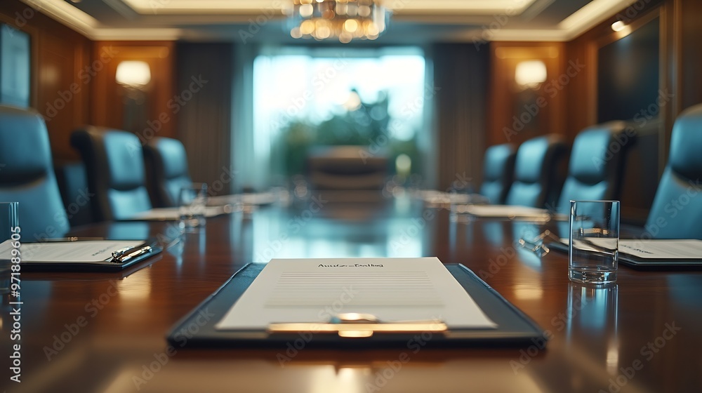Poster closeup of notepad for agenda kept on table in empty corporate conference room before business meeti