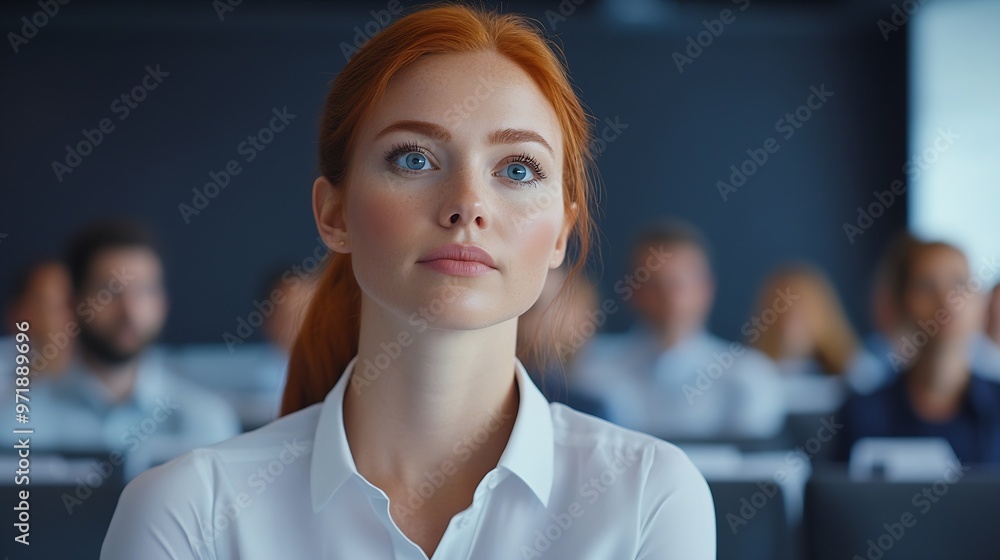 Poster A redhaired Caucasian businesswoman sits in the front row of an empty conference room Bearded man giving a lecture : Generative AI