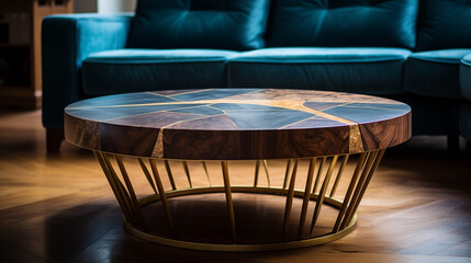 Modern Walnut Coffee Table with Geometric Resin Inlay and Gold Base