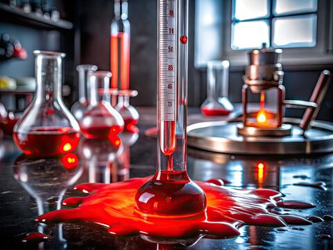 Glowing red liquid mercury flows from a broken thermometer, spreading a vibrant crimson puddle on a dark laboratory countertop surrounded by scientific equipment.