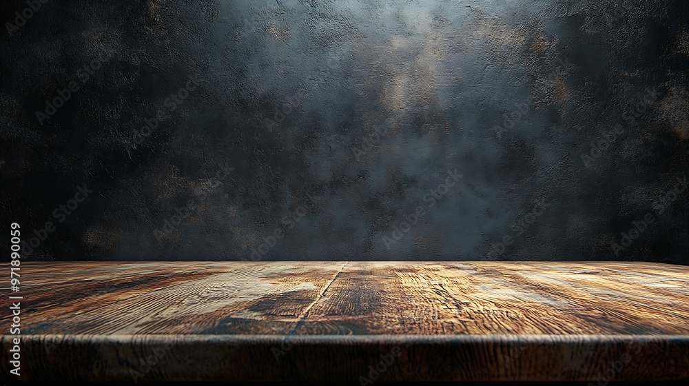 Fototapete empty wooden oak tabletop with dark black cement stone background for product displayed in rustic mo