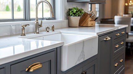 A kitchen sink detail shot with grey cabinets a white marble countertop and backsplash and decorations : Generative AI