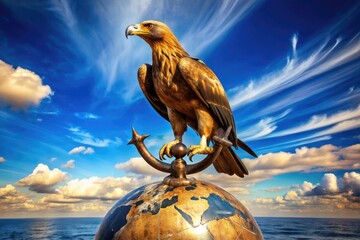 Golden eagle perched atop a terrestrial globe, grasping an anchor in its talons, symbolizing strength, courage, and worldwide maritime excellence, set against a dramatic blue sky.