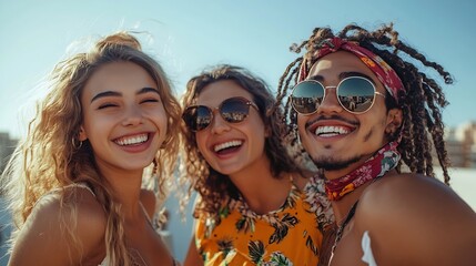 Fototapeta premium Four multicultural friends dancing on the rooftop Group of happy young friends laughing and having a good time during a party Vibrant young people having fun together on the weekend : Generative AI