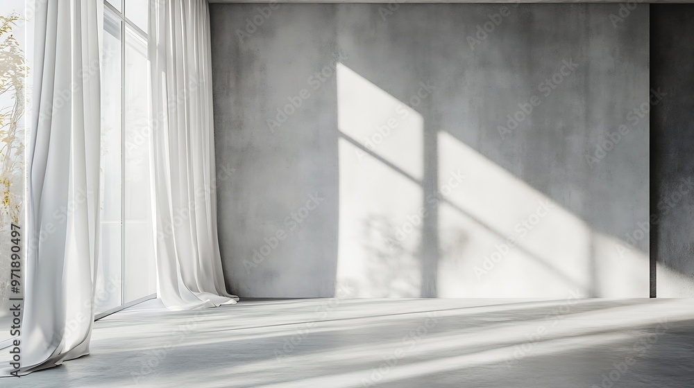 Aufkleber empty room with shade from window light and white curtains minimal interior with concrete wall and f