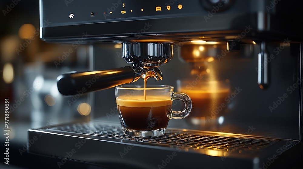 Poster a modern coffee machine in action brewing a fresh cup of coffee The machine is sleek and stylish with shiny metal accents and illuminated buttons that give it a hightech appearance : Generative AI