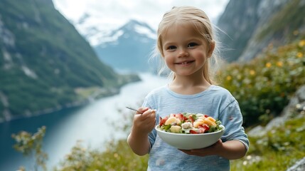 Summer picnic in Norway  child girl eating vegan food salad outdoor family travel vacations...