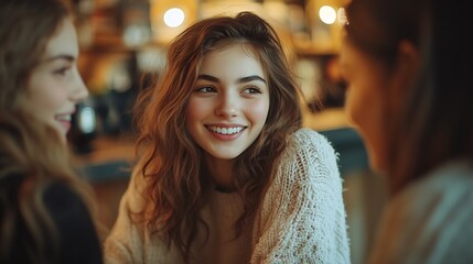 Obraz premium Three girls having a conversation while sitting at the coffee bar in the downtown area Lovely brunette girl smiling : Generative AI