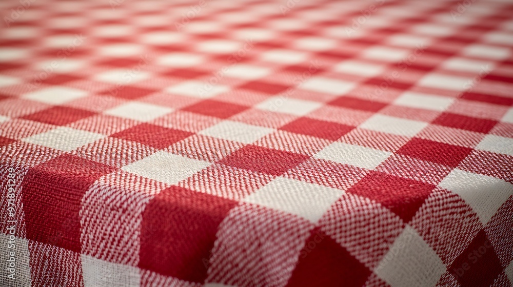 Poster red checkered gingham tablecloth closeup plaid fabric pattern texture and textile background corner 