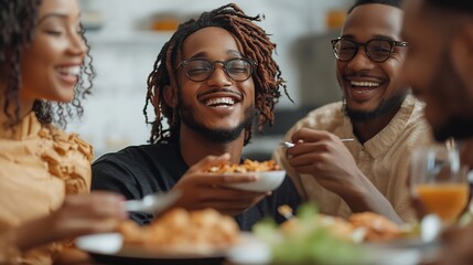 Group of black friends eating takeout food at home They are chatting and having a relaxing lunch...