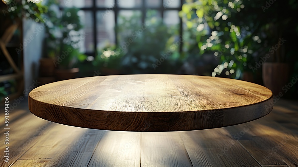 Aufkleber empty beautiful round wood table top counter on interior in clean and bright with shadow background 