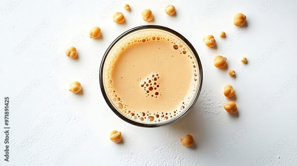 Poster Glass of chick pea milk and hickpea isolated on white background Top view flat lay : Generative AI