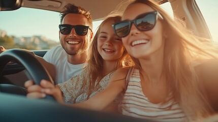 Portrait of a happy caucasian family driving a new car or having a test drive in the city Parents and daughters spending vacation traveling by automobile and enjoying road trip Copy sp : Generative AI