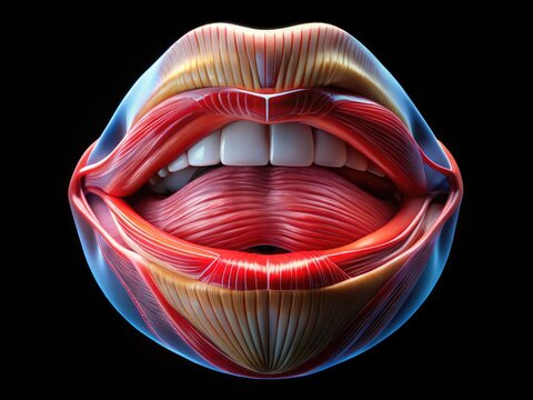 Illuminated 3D illustration of the human lip's intricate anatomy, showcasing the vermilion border, Cupid's bow, labial frenulum, and orbicularis oris muscle in vivid color and detail.