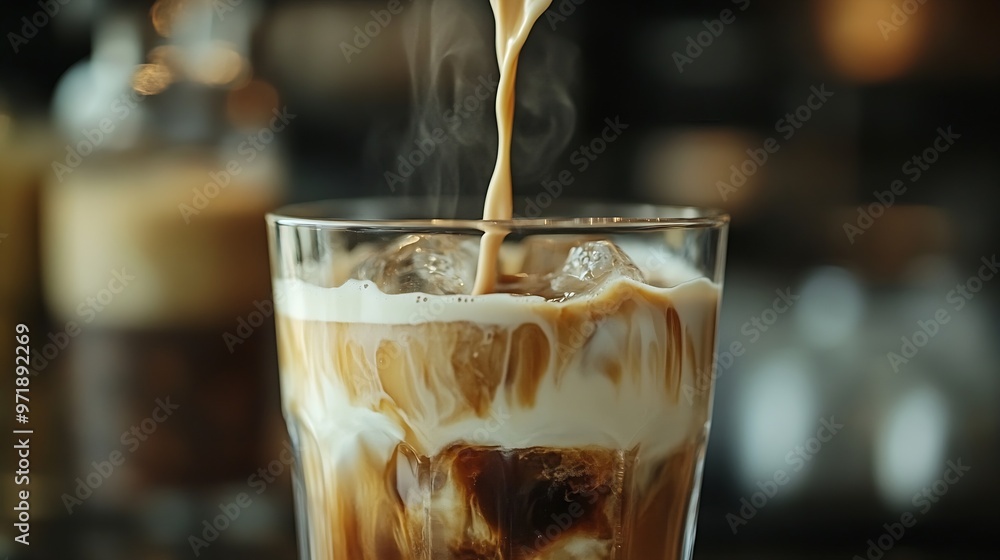 Aufkleber Ice coffee or latte with cream being poured into it a glass : Generative AI