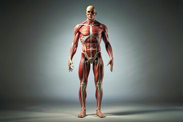 Illuminated 3D model of a human body in standing pose, highlighting skeletal and muscular structures, with subtle shadowing and neutral background for educational use.