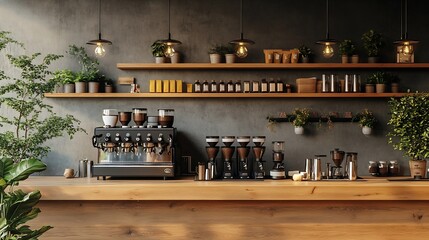 Wooden counter or bar Coffee shop with coffee equipment and wooden shelves rough cement background Design for coffee shops : Generative AI