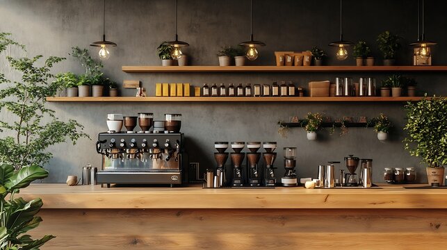 Wooden counter or bar Coffee shop with coffee equipment and wooden shelves rough cement background Design for coffee shops : Generative AI
