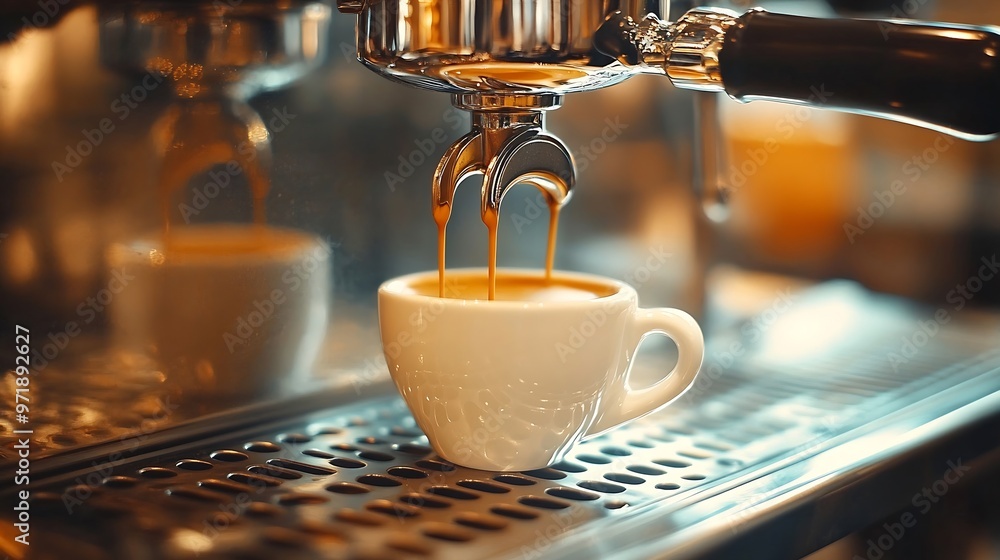Poster professional espresso machine while preparing espressos coffee cup in a coffee shop closeup of espre