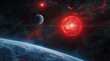 Red star in space surrounded by planets