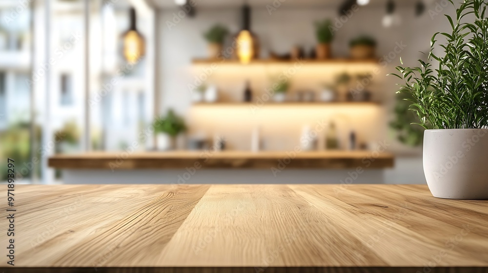 Poster empty beautiful wood table top counter and blur bokeh modern kitchen interior background in clean an