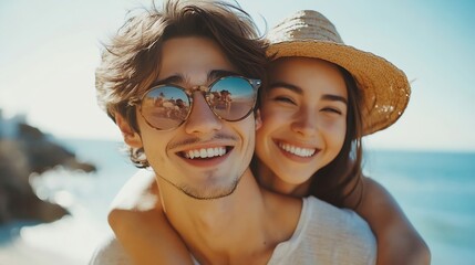 Fototapeta premium Portrait piggy back and seaside with couple love and sunshine with happiness adventure and romance Face beach and man carrying woman with vacation getaway trip or summer with honeymoon : Generative AI