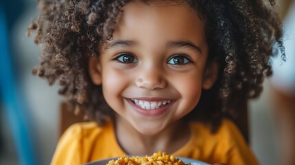 Naklejka premium Happy girl children with afro hair eat food : Generative AI