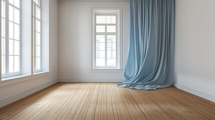 Fototapeta premium an empty room with wood floors and white walls there is a light blue curtain hanging from the window above : Generative AI