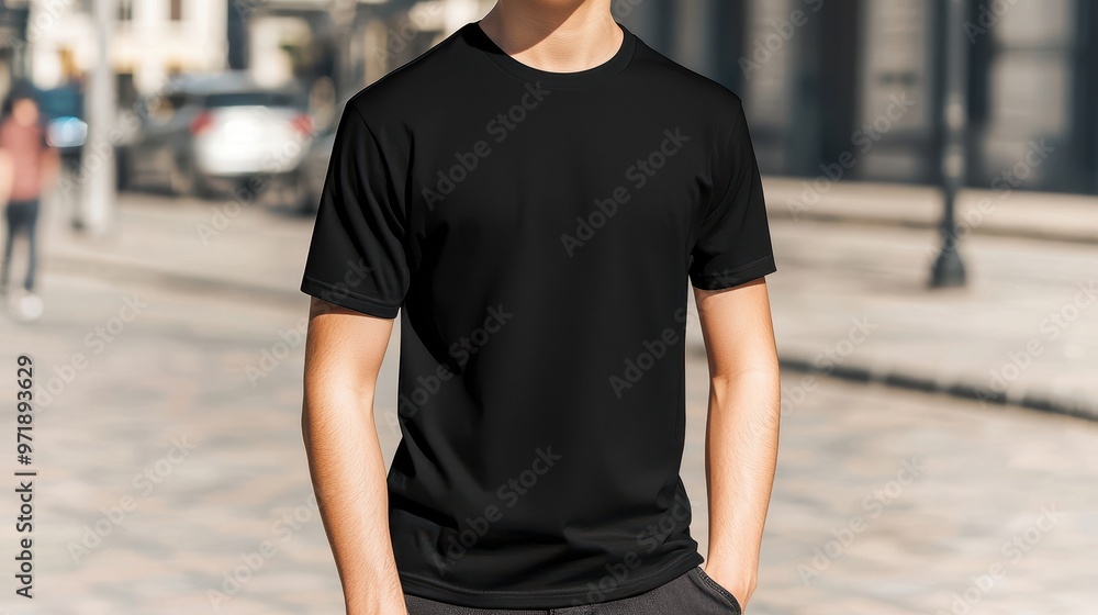 Canvas Prints Black T Shirt Mockup   Man Wearing Blank Tee in Urban Setting