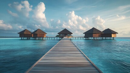 Maldives island luxury water villas resort and wooden pier Beautiful island under blue sky and clouds and beach background for summer vacation holiday and travel concept Tropical hotel : Generative AI