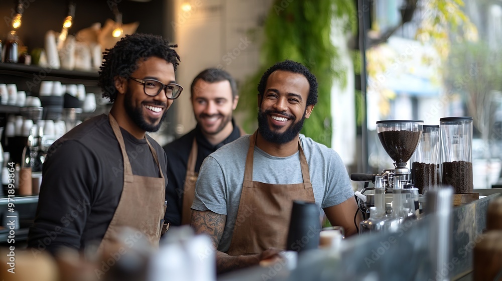 Poster group of cheerful men baristas wearing aprons working at the counter in cafe indoors talking : gener