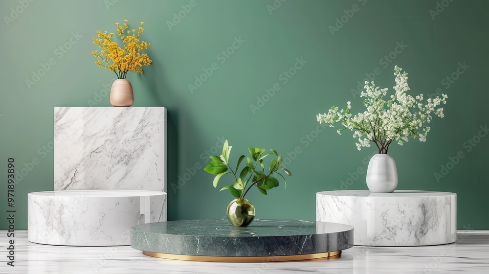 Canvas Prints Green and White Marble Pedestals with Flowers and Gold Accents