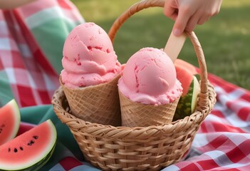 A basket of pink ice cream scoops in waffle cones