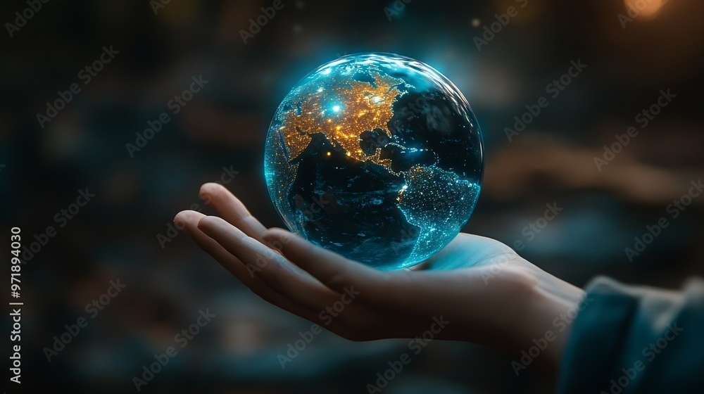 Poster hand shows the globe concept of global internet connection big data digital link technology and business digital marketing internet banking Financial business tech international market : Generative AI